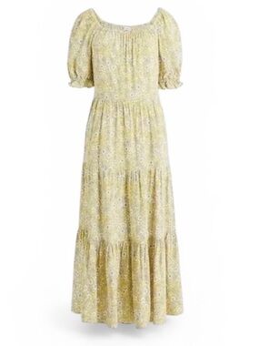 J. Crew Yellow Floral Puff-Sleeve Tiered Midi Dress Women’s Small Cottage Modest